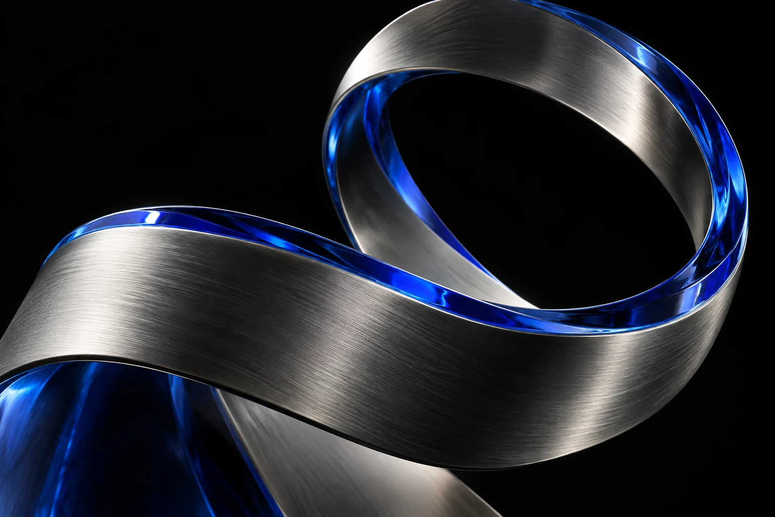 Sculptural titanium ribbon with a cobalt glass edge